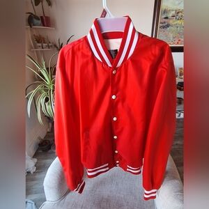 Vintage Swingster Size LG Red Satin Varsity Jacket with White Stripes Plain